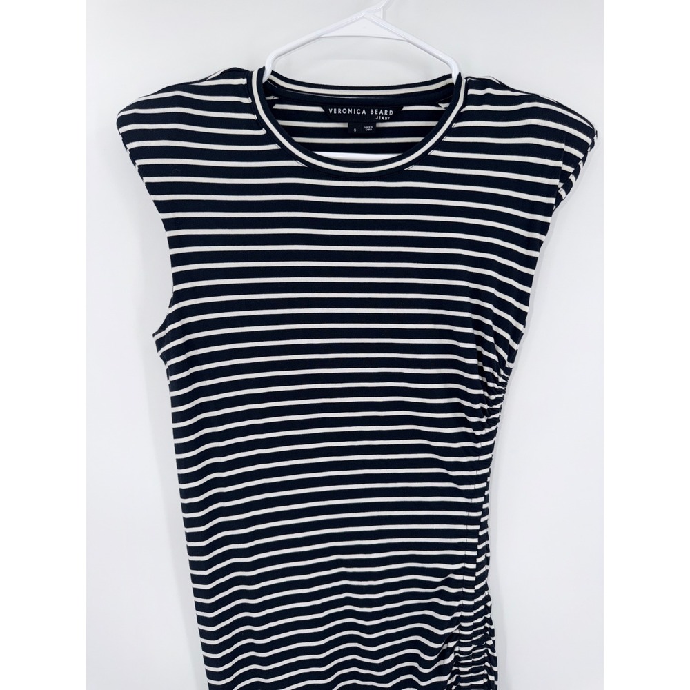 Veronica Beard Jeans Navy White Striped Ruched Padded Shoulder Midi Dress S - Picture 3 of 13
